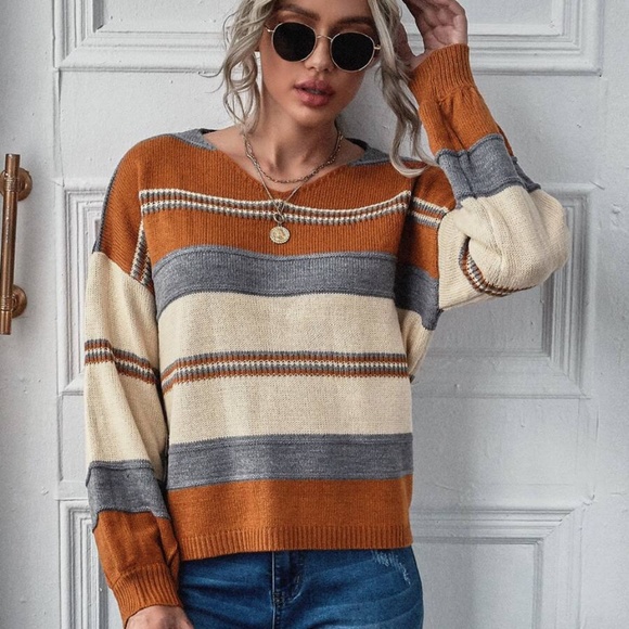 color block stripes v neck knit fall sweater rust - Picture 4 of 4